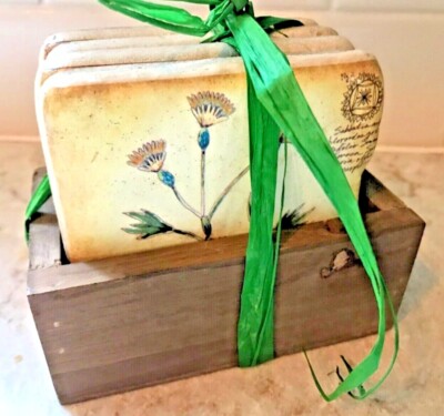 Creative Co-Op NWT Set Of 4 Coasters Holder Florals Resin Wood Signed Brand New-image