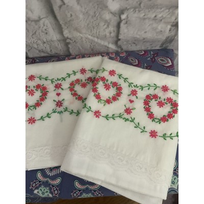 Mid Century Embroidered Pillowcases Set of 2 Pink & Orange Flowers-image