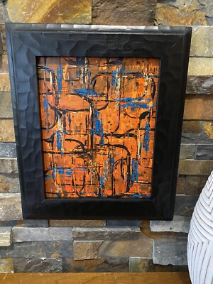 Mid Century Modern Abstract Acrylic Painting Blue Orange-image