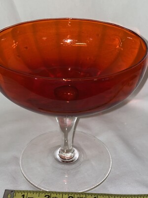 Vintage Art Glass Compote Orange With Clear Stem-image