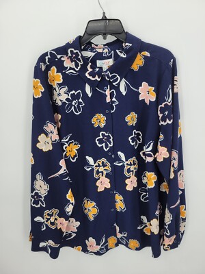 D and Co Top Womens Plus 1X Blue Floral Long Sleeve Artsy Romantic Blouse Boho-image