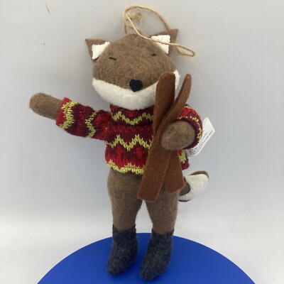 Creative Co-Op Felted Fox Christmas Ornament Knit Sweater Skis Boots 8”-image