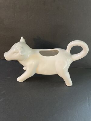 Vintage White Porcelain Cow Milk Creamer Farmhouse style 7” Creative Co-op Glass-image