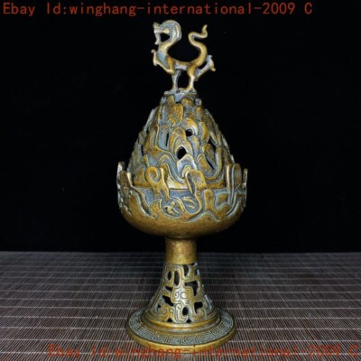 China ancient dynasty bronze Boshan Joss Incense burner Censer statue-image