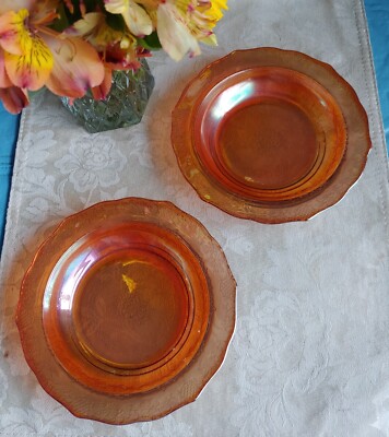 Vintage Orange Opalescent Carnival Glass Candy Dishes-Very Pretty Pattern-2 pcs-image