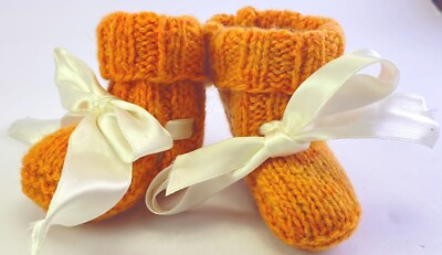Handmade Crochet Baby Booties Orange With Ribbon-image