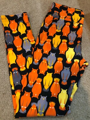 LuLaRoe OS Owl Leggings - Black Background With Orange Yellow Gray Owls - NWOT!-image