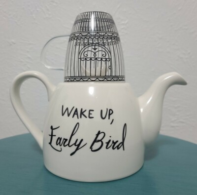 Creative Co-op Wake Up Early Bird Tea Set Strainer Teapot Tea For One-image