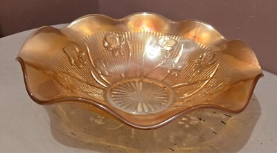 Vintage Mid Century Marigold Ruffled Bowl Iris and Herringbone Jeannette Glass-image