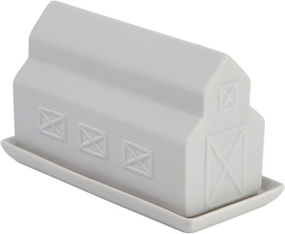 Creative Co-Op Matte Grey Stoneware Barn Butter Dish White -image
