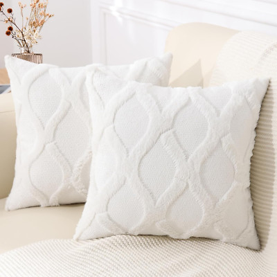 18X18 Decorative Throw Pillow Covers Set of 2, Soft Plush Faux Fur, Cream White-image