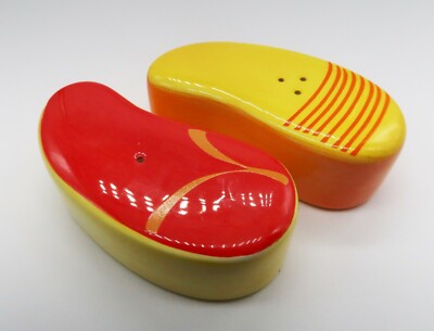 Vintage MCM orange & yellow ceramic abstract kitschy salt & pepper shaker set-image