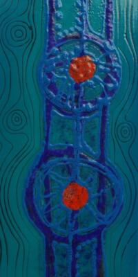 Beautiful Mid Century Enamel on Metal Signed Abstract With Teal, Blue & Orange-image