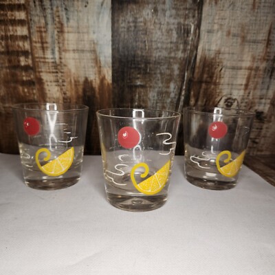Vintage Mid Century Modern Old Fashion Lowball Glasses Cherry Orange Fruit Set 3-image
